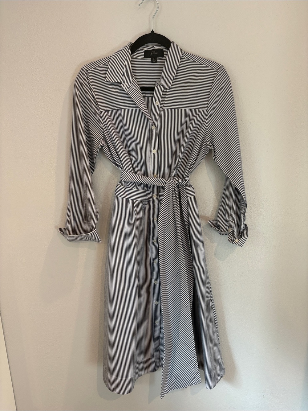 J. Crew Blue and White Striped Button-Front Shirt Dress with Tie Belt